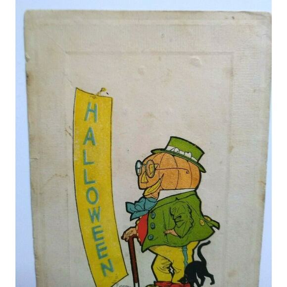 Fantasy Halloween Postcard Green Goblin Walking Cane Black Cat 1916 Falmouth - Picture 4 of 6